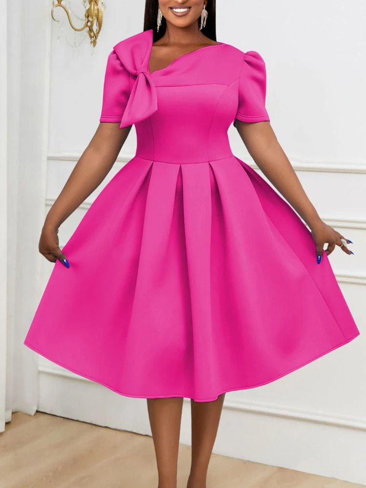 Women Prom Party Dress Bowtie Short Sleeve Pleated Fit and Flare Princess Elegant Formal Birthday Event Gowns Plus Size 240327
