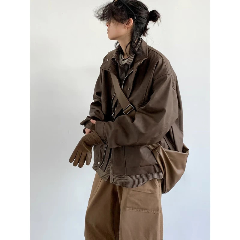 Retro motorcycle leather jacket mens stand up collar American fashion pilot jacket zipper loose profile short bomber jacket 241031