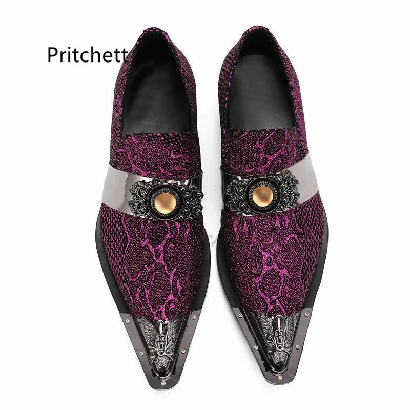 Snake pattern genuine leather mens shoes metal dot toe sliding on business shoes purple party club banquet mens shoes 241031