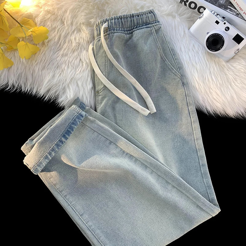 Autumn Jeans Mens Baggy Straight Drawstring Elastic Waist Personality Fashion Vintage Denim Trousers Streetwear 3XL 241024