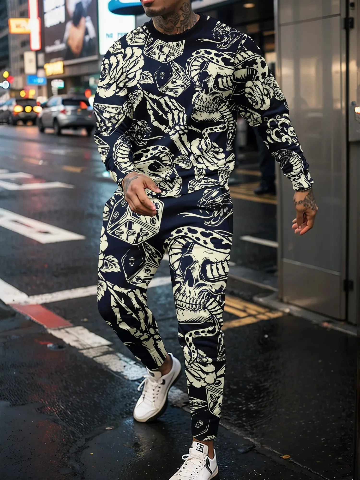 Latest Retro Mens Tracksuit Set 3D Skull Printed Personalized Pullover Long Pants Street Youth Fashion Loose High Quality Sets 241024