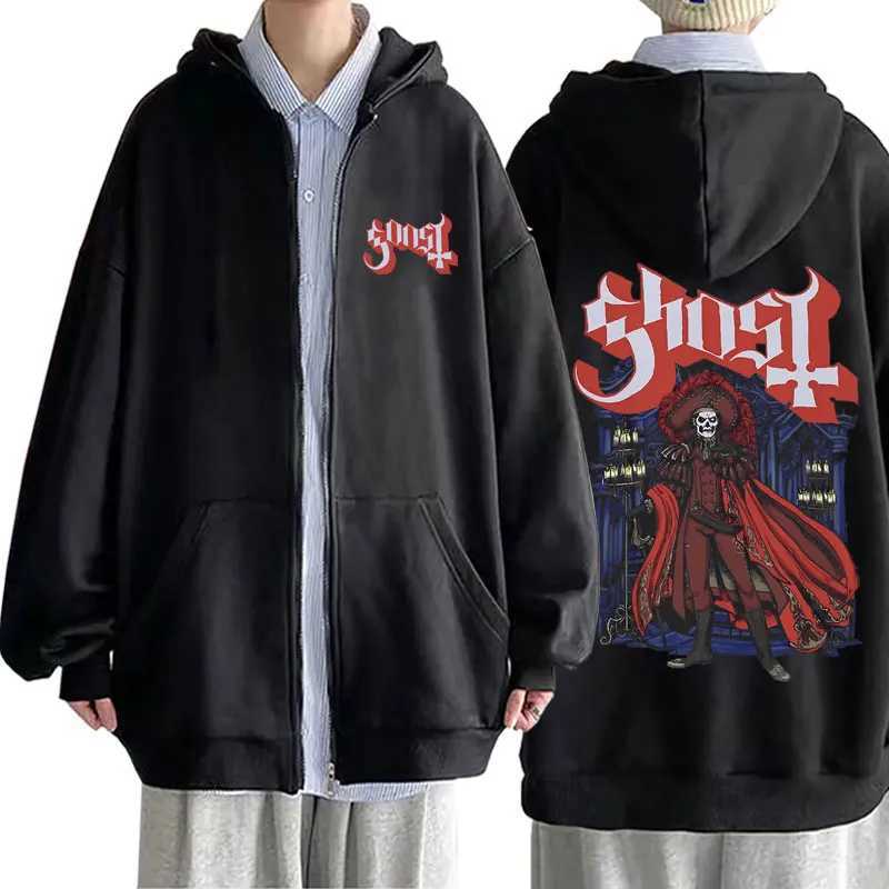 Ghost Band Zipper Hoodie Mens Flce Cotton Oversized Zipper Hoodie Mens Retro Gothic Rock Metal Music Zipper Jacket X241031