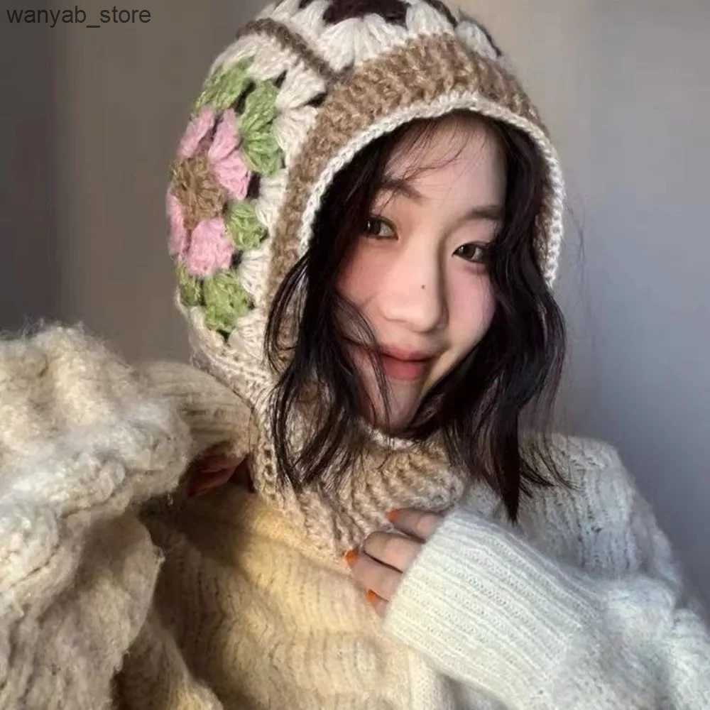 Wide Brim Hats Bucket Hats High Quality Knitting Handmade Crochet Hats Ear Protection Colorful Knitted Pullover Hat Knitted Hooded Caps L240910