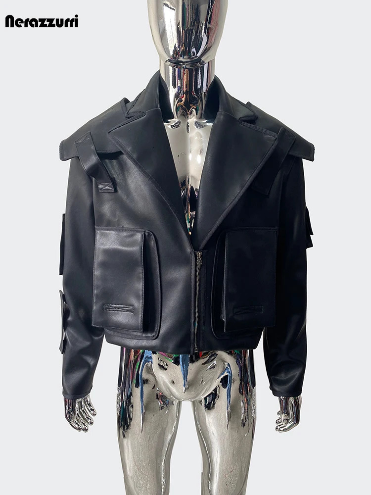 Obsidian Spring Autumn Cool Emojis Hard Short Black Pu Leather Jacket Mens Jacket with 3D Pocket Zipper 241031