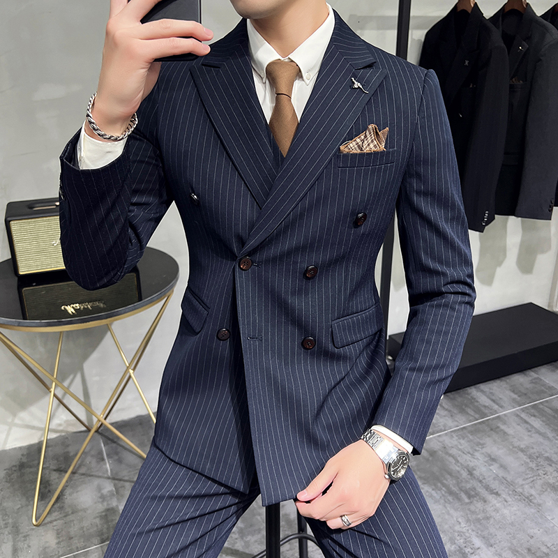( Blazer+Vest+Pants ) Groom Wedding Male Brand Fashion Striped Men's Casual Business Office Double Breasted Suit