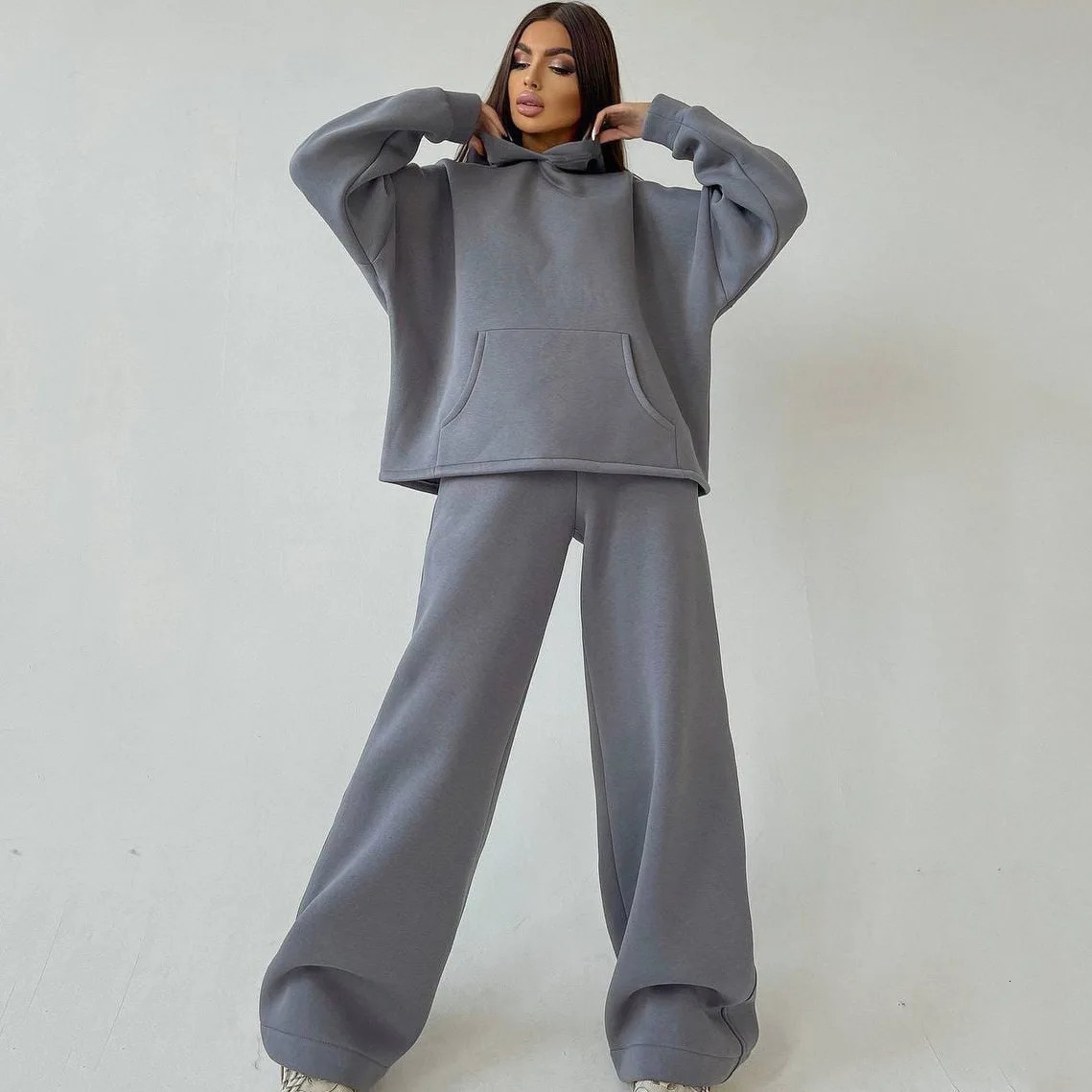 Autumn Hooded Pocket Sweatshirt Suit Womens Chic Streetwear Loose Wide Leg Pants Sweatshirts 2pcs Set Tracksuit Outfit 241029