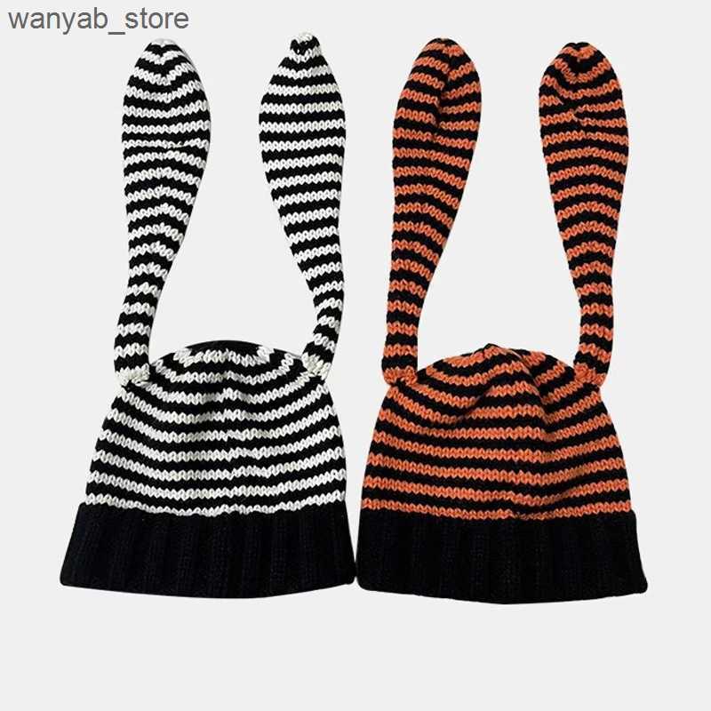 Wide Brim Hats Bucket Hats 24 new color blocked knitted long rabbit ear hat for womens autumn and winter cute big head circumference contrasting yarn 