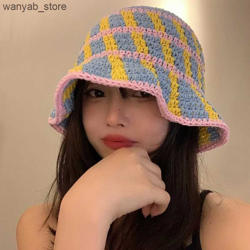 Wide Brim Hats Bucket Hats Handmade Stripe Crochet Knitted Bucket Hat Thermal Tub Hat Vintage Cold Cap Spring Autumn Wool Basin Hat Y2K L240910