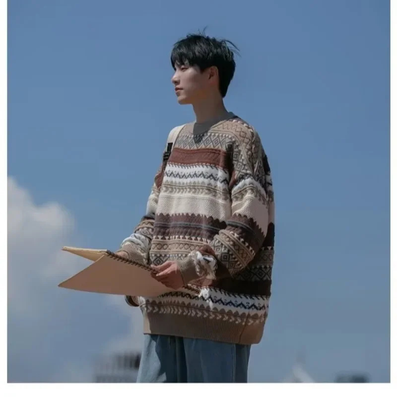 Mens Christmas Sweater Autumn Winter Round Neck Japanese Vintage Striped Knitted Top Lazy Loosefit Jacket 241031