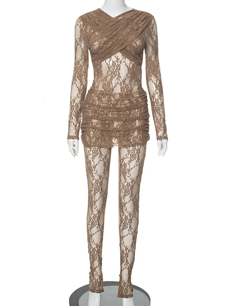 GACVGA 2024 Lace Jumpsuits for Women Long Sleeve See Through Romper With Skirts Two Piece Set Sexy Party Club Jumpsuit 241031