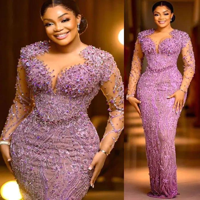 2024 Lanvender Plus Size Evening Dresses for Special Occasions Promdress Sheer Neck Long Sleeves Beaded Lace Party Dress Second Reception Gowns BC1903