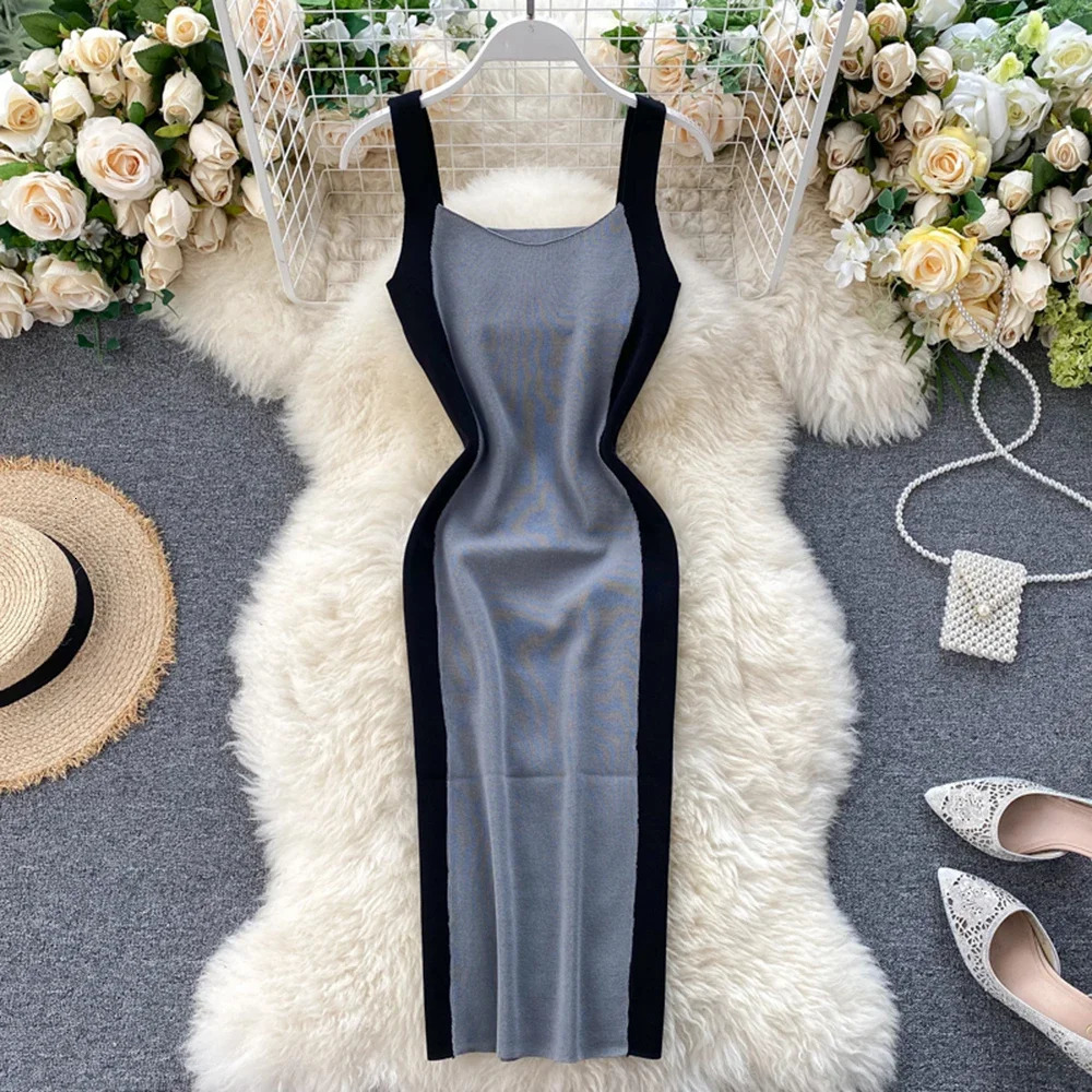 Summer Womens Knitting Sheath Letters Tank Dress Female Bodycon Knitted Camisole Sleeveless Patchwork Mini Dresses For Woman 241031
