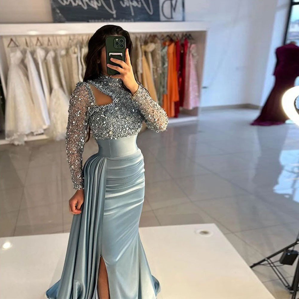 Elegant Women's Evening Dresses Long sleeved High Necked Mermaid Muslim Princess Prom Gowns Arabic Dubai Formal Dress 0516