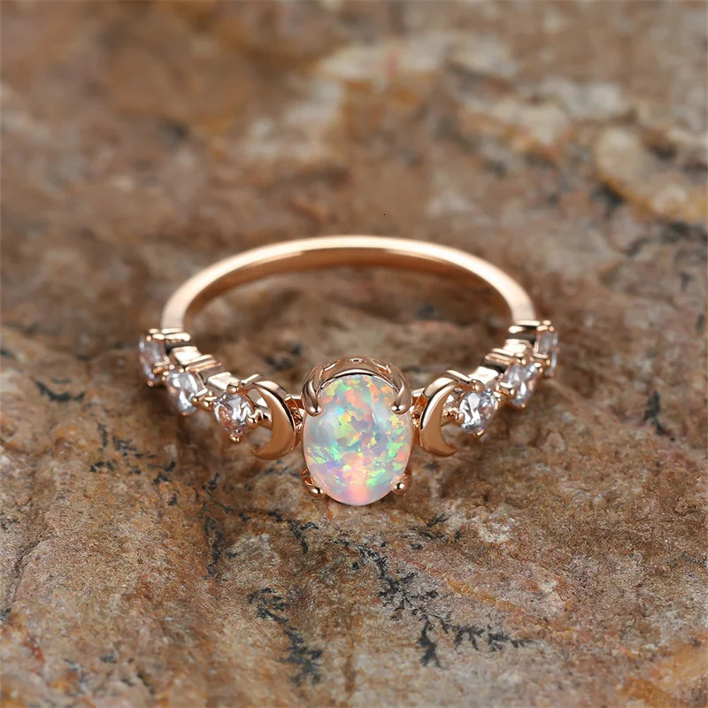 Rainbow White Fire Opal Ring Silver Rose Gold Color Small Moon Rings For Women Wedding Bands Oval Stone Engagement Jewelry 241031