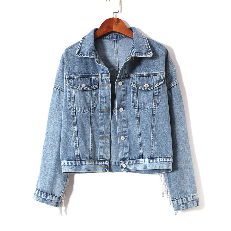 Autumn Heavy Work Fringed Sequins Retro-washed Denim Jacket Women Short Jeans Jackets Coat Students Woman Clothes 241031