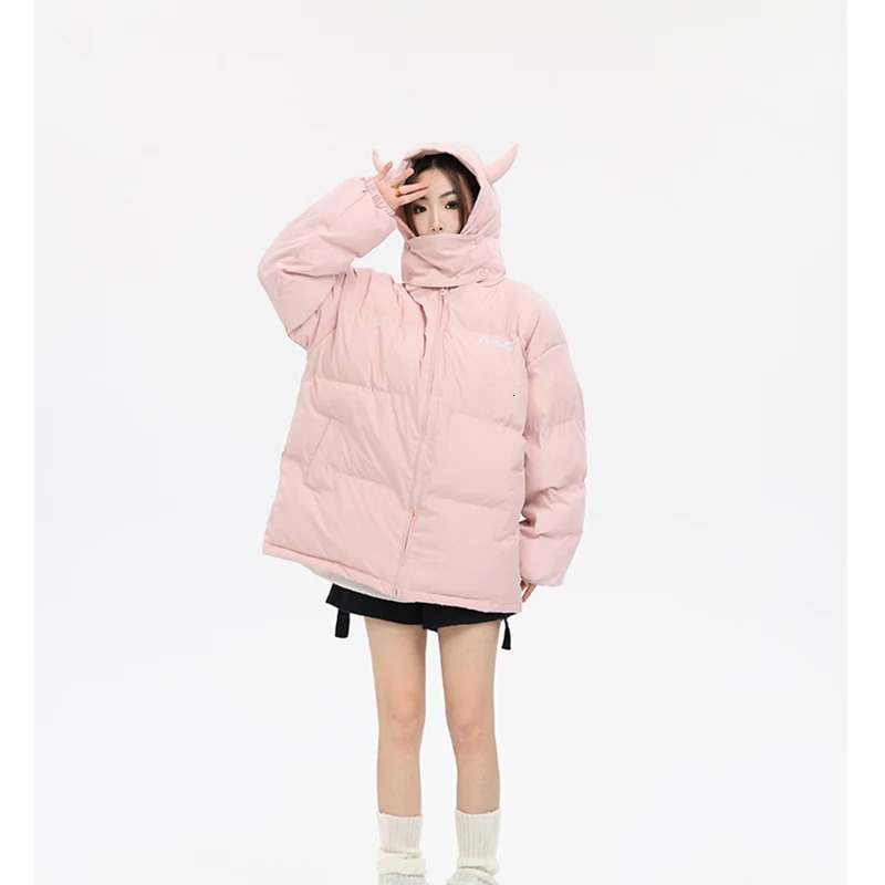 Hooded Parkas Men Winter Devils Horn Solid Color Cotton Padded Jackets Women Loose Hip Hop Harajuku Puffer Bubble Outwear Coats 241031
