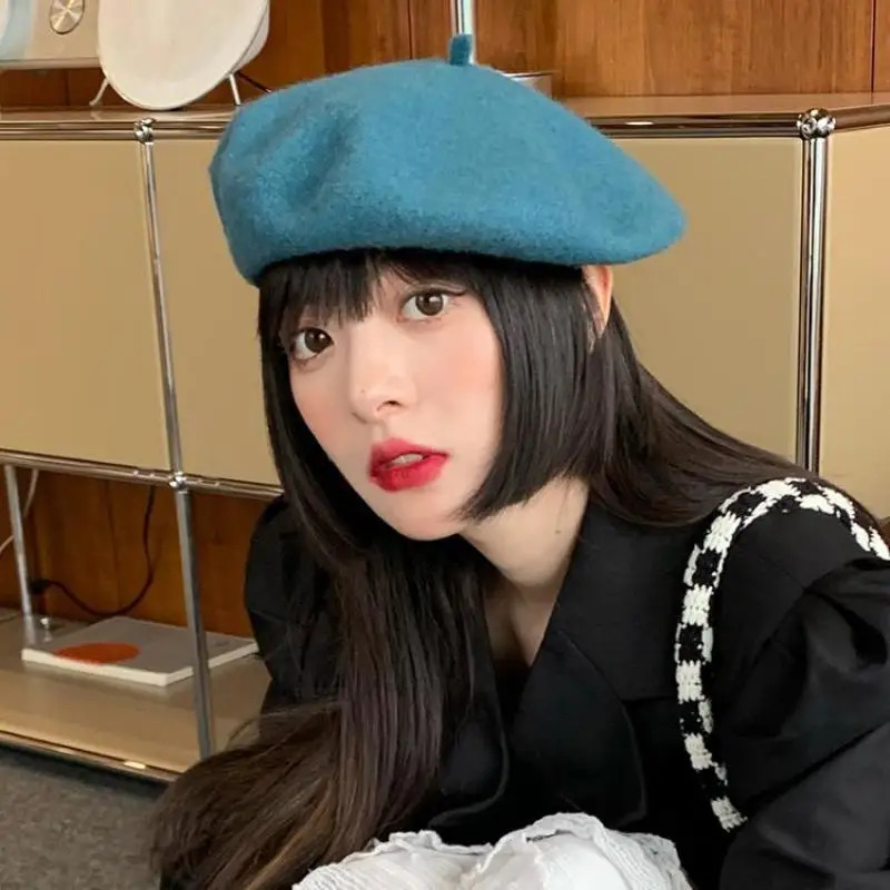 Wool Beret Hat For Women Autumn Winter Retro British Candy Colored Solid Soft Berets Flat Vintage Painter Cap Casual Keep Warm 241031
