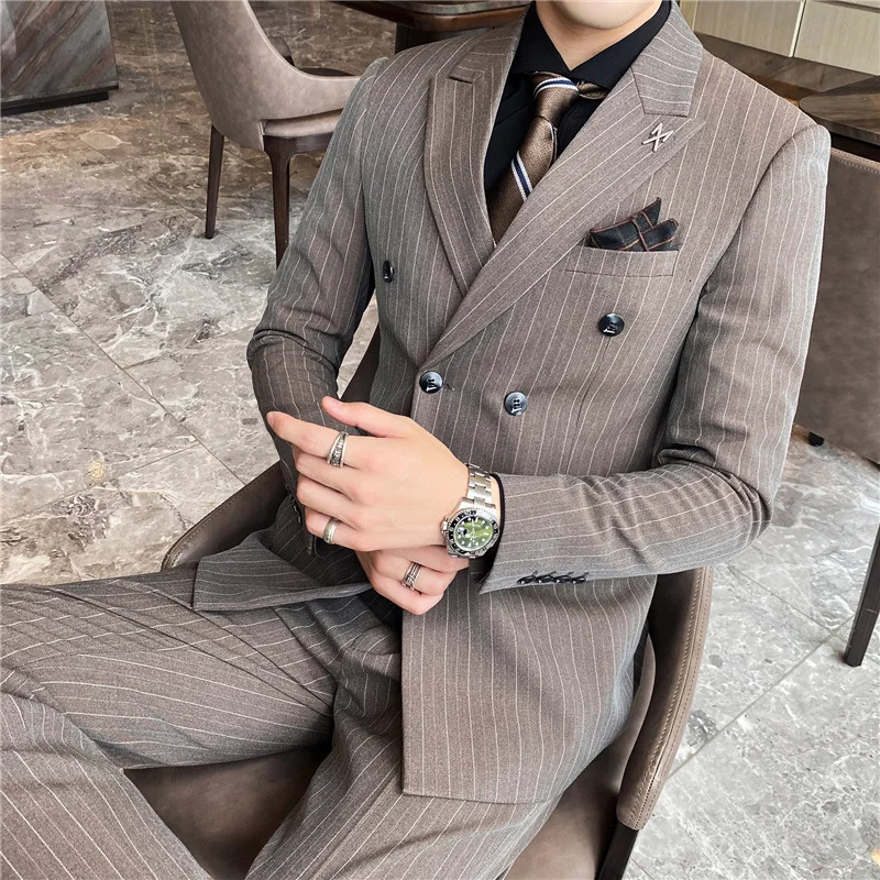 ( Blazer Vest + Pants ) Fashion Striped Formal Business Double-Breasted Men's Casual Suit Groom's Wedding Dress Party Tuxedo