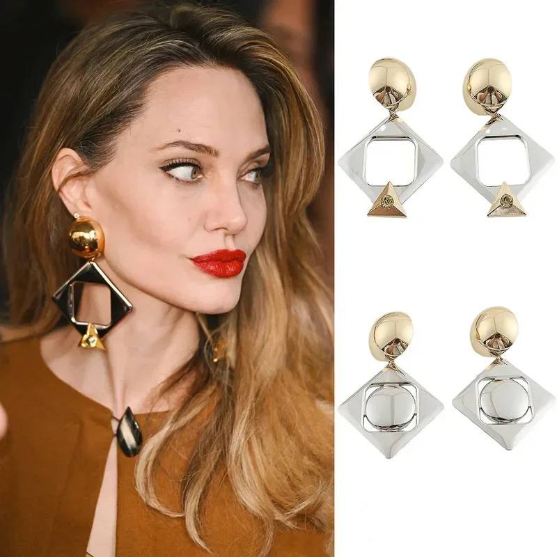 Hyperbole Square Pendant Earrings Womens Geometric Hollow Smooth Gloss Gold Silver Large Pendant Earrings 241031