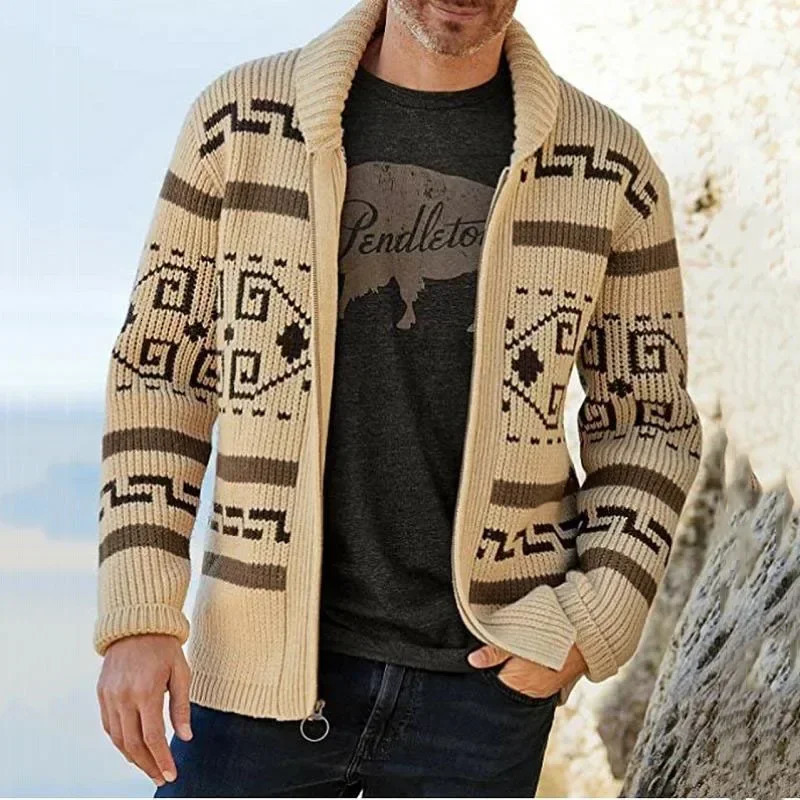 Winter sweater mens cardigan vintage jacquard twisted jacket knitted fashionable shawl collar zipper casual thick cardigan 241031