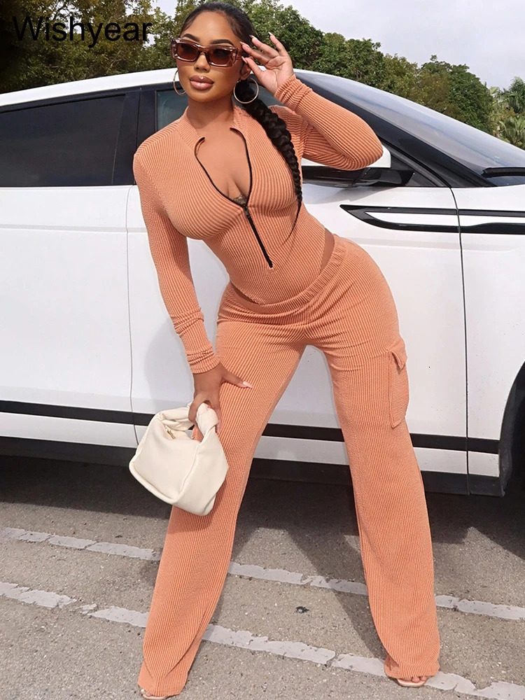 Knitted Rib Tracksuits Set Womens Sports Fall Winter Bodysuits Tops and Cargo Pants Two 2 Piece Suit Fitness Sportswear 241029