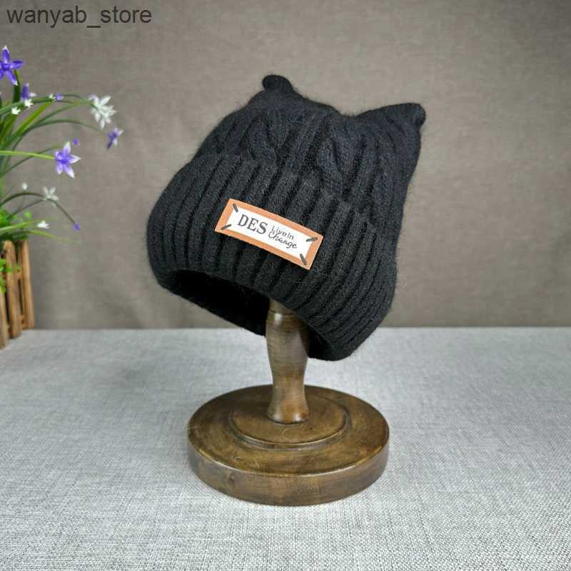 Wide Brim Hats Bucket Hats 24 New Cute Cats ears Wool Hat Women Rabbit Hair Knitted Hat Winter Thickened Warm Cap L240910