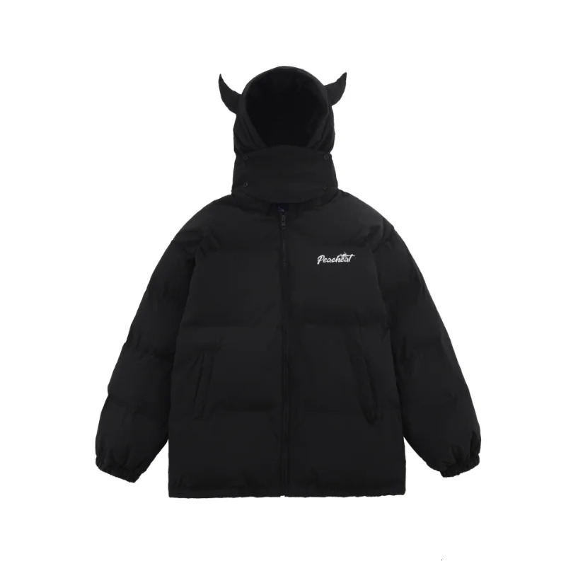 Hooded Parkas Men Winter Devils Horn Solid Color Cotton Padded Jackets Women Loose Hip Hop Harajuku Puffer Bubble Outwear Coats 241031