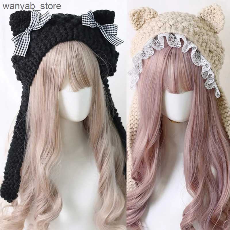 Wide Brim Hats Bucket Hats Knit Beanie Hat Cute Animal Ears Lace Decor Winter Caps Knitted Hats Photograph Props for Kids Adults Women Girls L240910