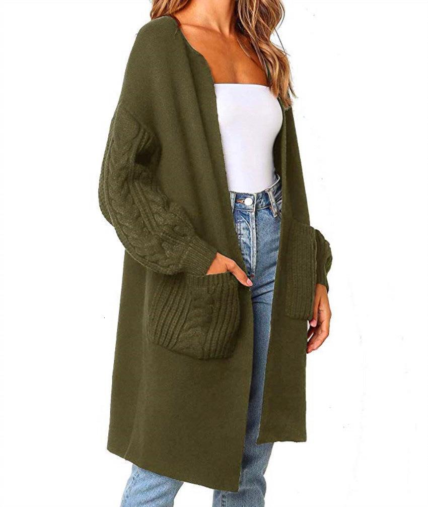 Solid Medium Length Knitting Cardigan In Autumn And Winter New Fried Dough Twists Lantern Sleeve Sweater For Women F110142