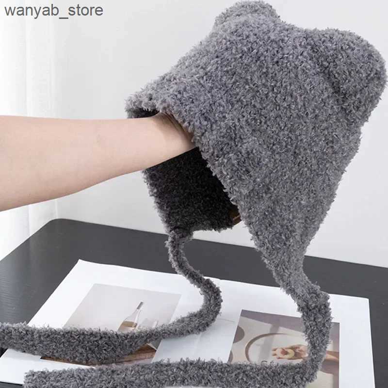 Wide Brim Hats Bucket Hats Cute Bear Ear Wool Hat Autumn and Winter Warm Versatile Lace-up Ear Protection Knitted Bomber Cap Bonnets for Women Gorros 