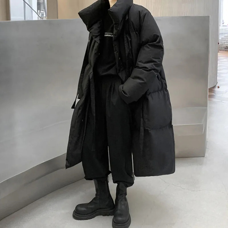 Mens Mid-length Winter Coat Down Cotton Coats Stand Collar Long Sleeves Black Single-breasted Extra Long Over-the-knee Parkas 241031