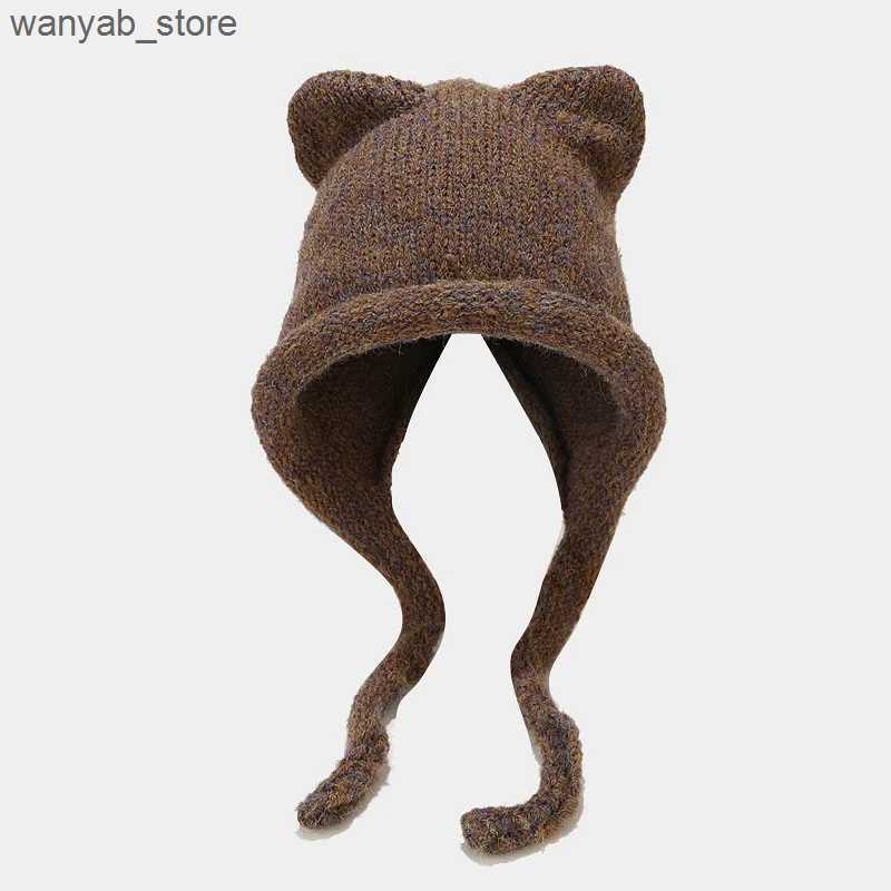 Wide Brim Hats Bucket Hats VISROVER New 6 Colors Unisex Solid Color Women Winter Hat With Long Cat Ear Warm Wool Beanies Acrylic Female Skulli Gift L2