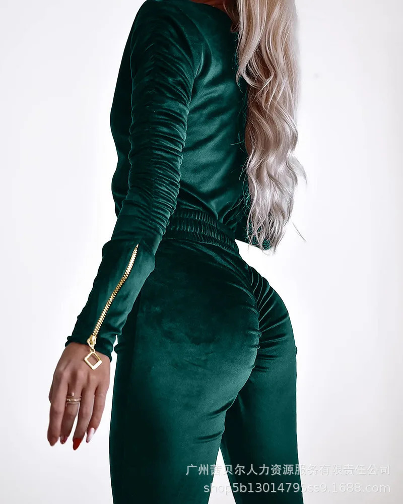 Mandylandy Sexy Bodycon Jumpsuits Women Velvet Zipper Sheath Jumpsuits Ruched Long Sleeve Jumpsuit with Elastic Waistbelt 241031