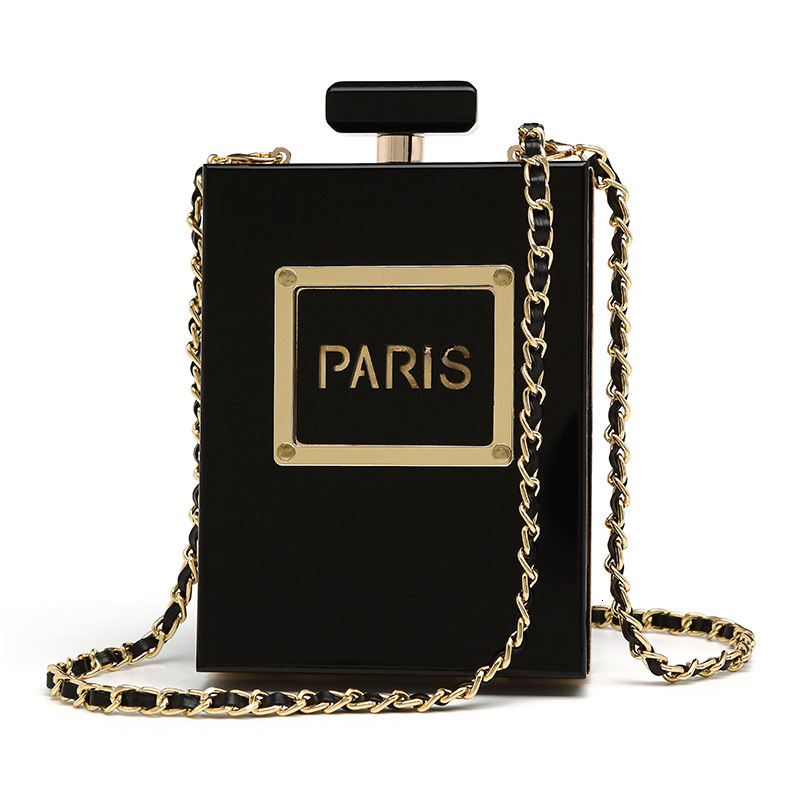 New designer transparent perfume bottle dinner handbag leather slanting body chain small square bag