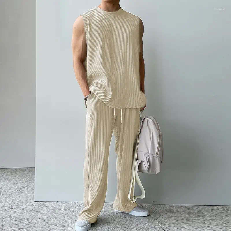 Men's Tracksuits American Men Clothing Ice Silk Vest Trousers Sweatsuit For Two Piece Set Fitness Sleeveless Breathable Gym Tracksuit