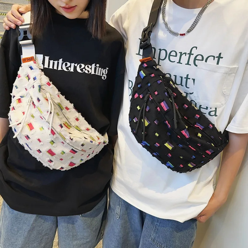 cracked hole hip-hop punk Fanny bag mens large capacity canvas single shoulder cross body bag 241031