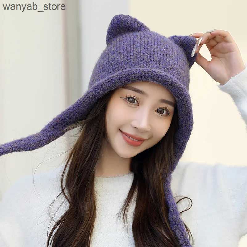 Wide Brim Hats Bucket Hats Women winter Beanies Cute Warm Hat Solid Knitting Cap Ear-protected Skullies Female Sweat Hat With Cat-ears L240910