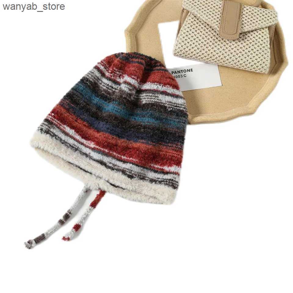 Wide Brim Hats Bucket Hats 2024 New Mink Velvet Hoody Hat Strap Beanie Hat Women Autumn Winter Warm Knitted Hat Rainbow Colored Stripe Pullover Hat Ho