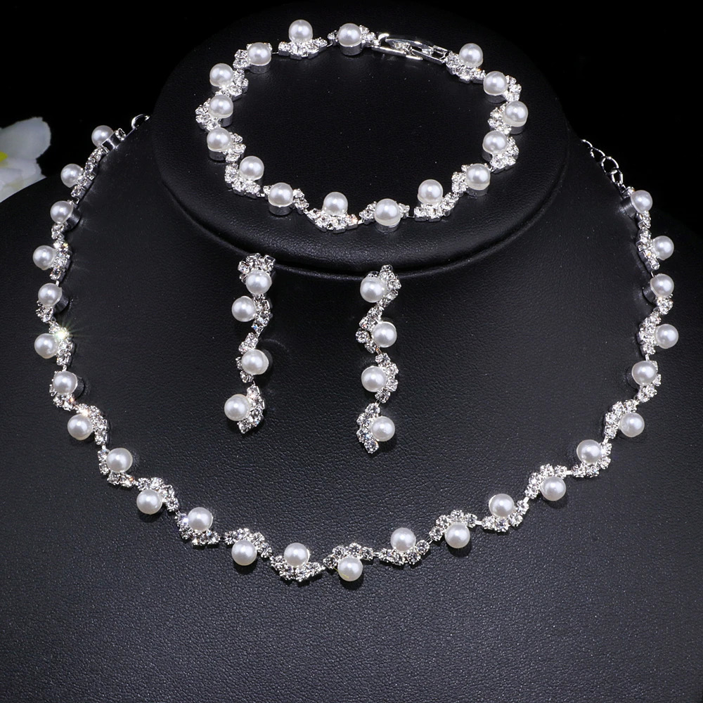 Latest Simulated Pearl Bridal Wedding Jewelry Set Elegant Crystal Necklace Earrings Bracelet Set Womens Party Accessories WX040 241031