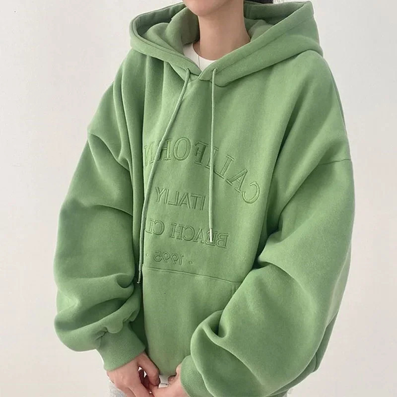Womens Hooded Sweatshirt with Fleece Loose Warm Top Fashionable Sports Casual Pullover for Autumn and Winter 240318