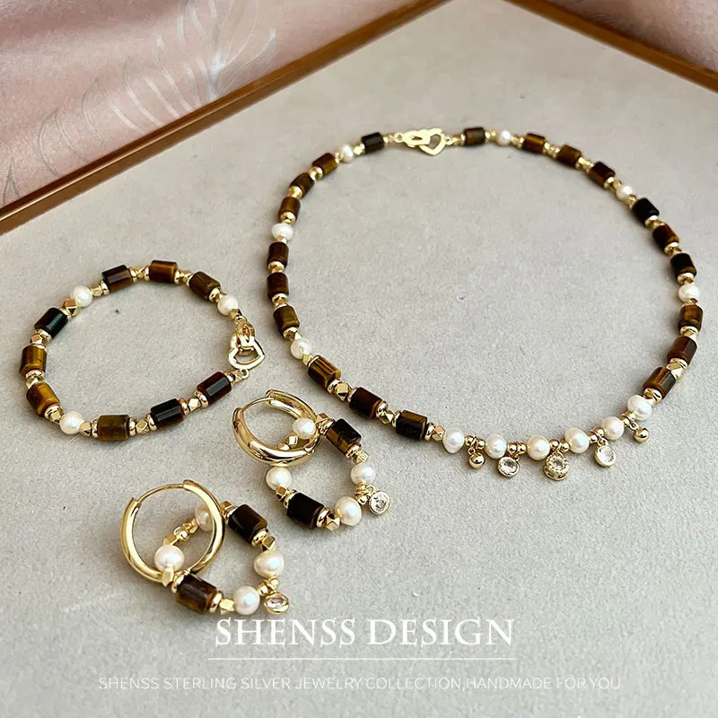 Personalized cat eye stone pearl necklace earrings bracelet copper plated 14k gold accessories 241031