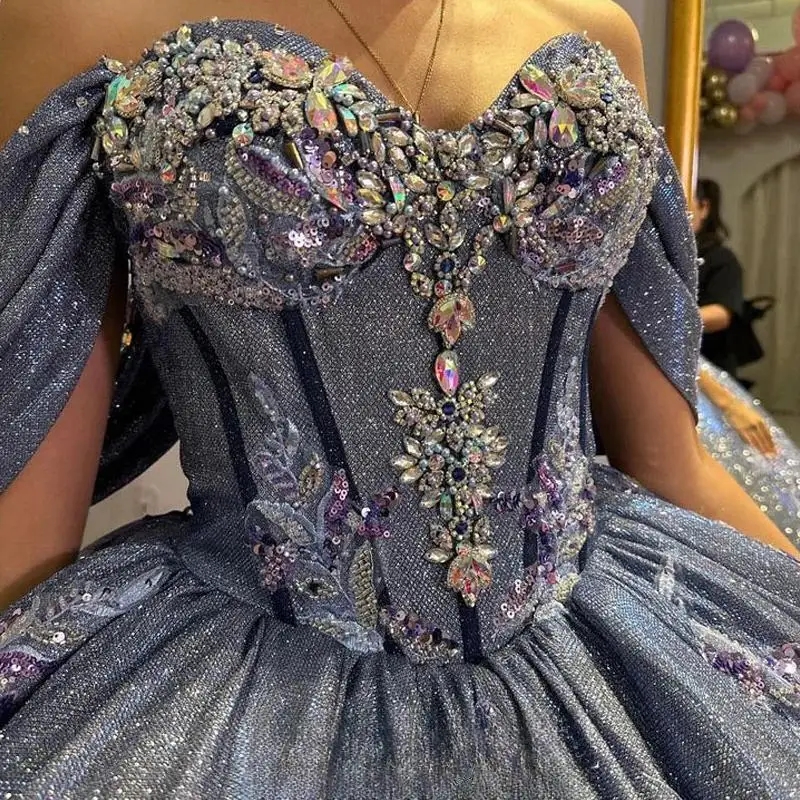 Blue Shiny Princess Quinceanera Dresses Ball Gown Off The Shoulder Sequin Applique Lace Beads Tull Corset Sweet 16 Vestidos 15 De XV Anos