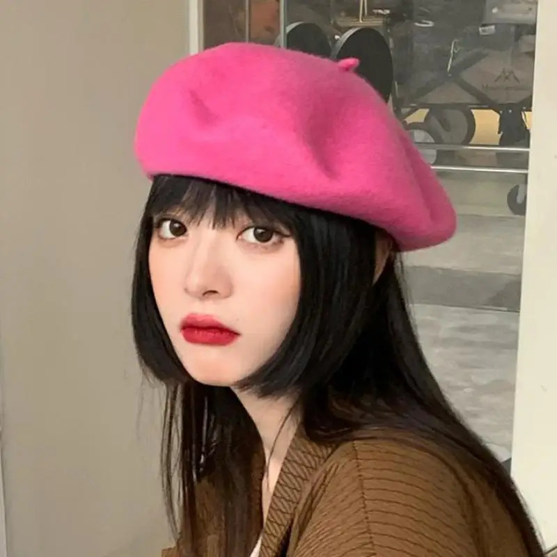 Wool Beret Hat For Women Autumn Winter Retro British Candy Colored Solid Soft Berets Flat Vintage Painter Cap Casual Keep Warm 241031