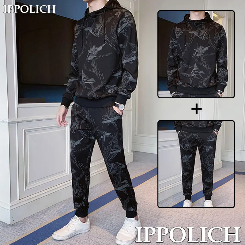 Men Tracksuit 2 Pieces Sets Hooded Sweatshirt Drawstring Pants Male Hoodies Running Sportswear Fitness Autumn Sportwear 241031