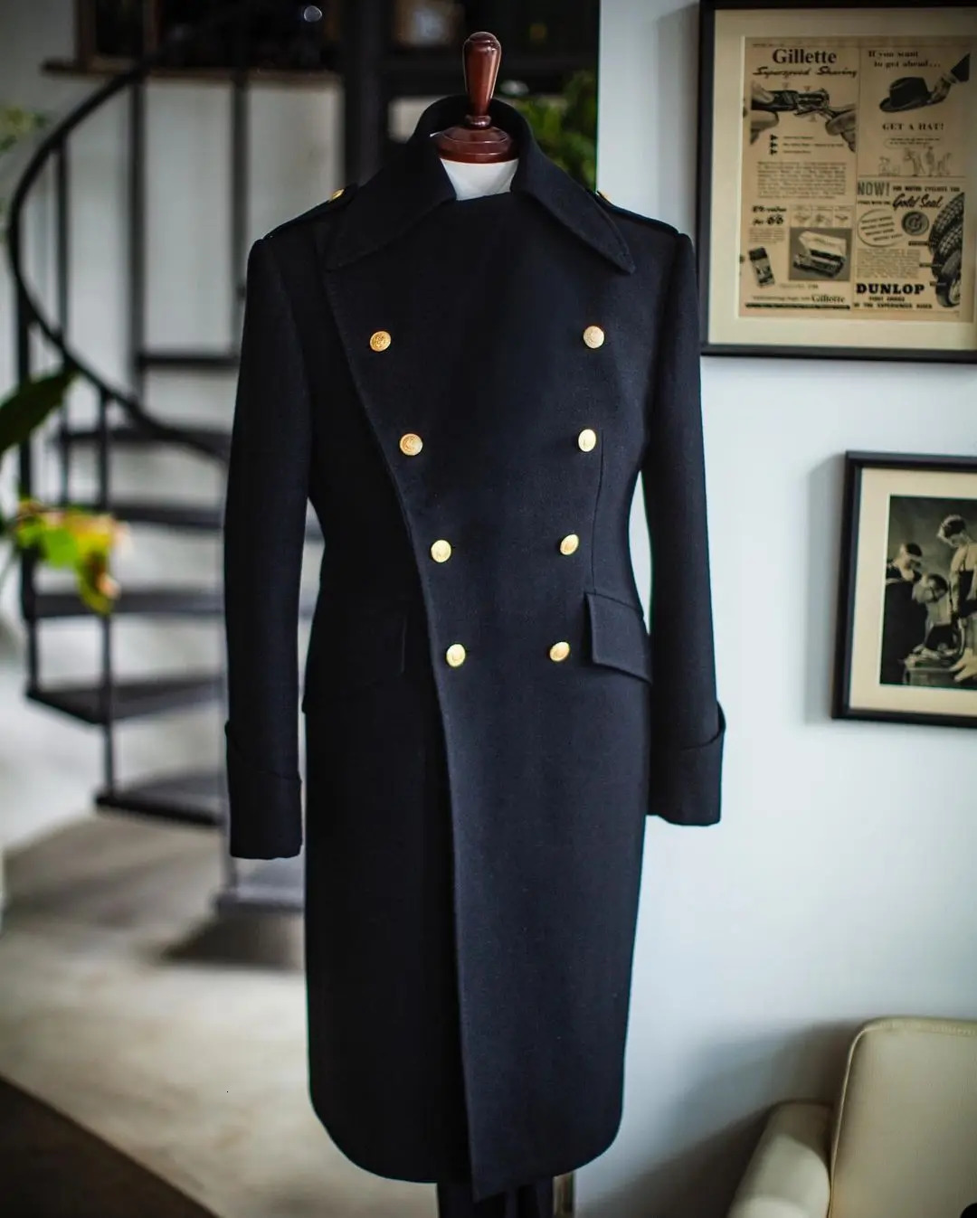 Navy blue British style wool coat mens thick and double chest long coat casual winter fashion warm jacket 241031