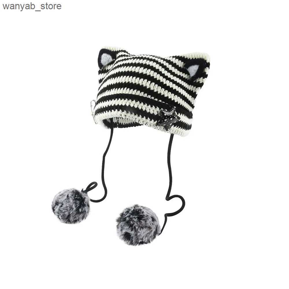 Wide Brim Bucket Handmade Y2k Japanese Cat Ear Beanies Rabbit Hair Pom-pom Striped Sweetheart Girl Knit Cap Autumn and Winter Warm Womens Hats L240910