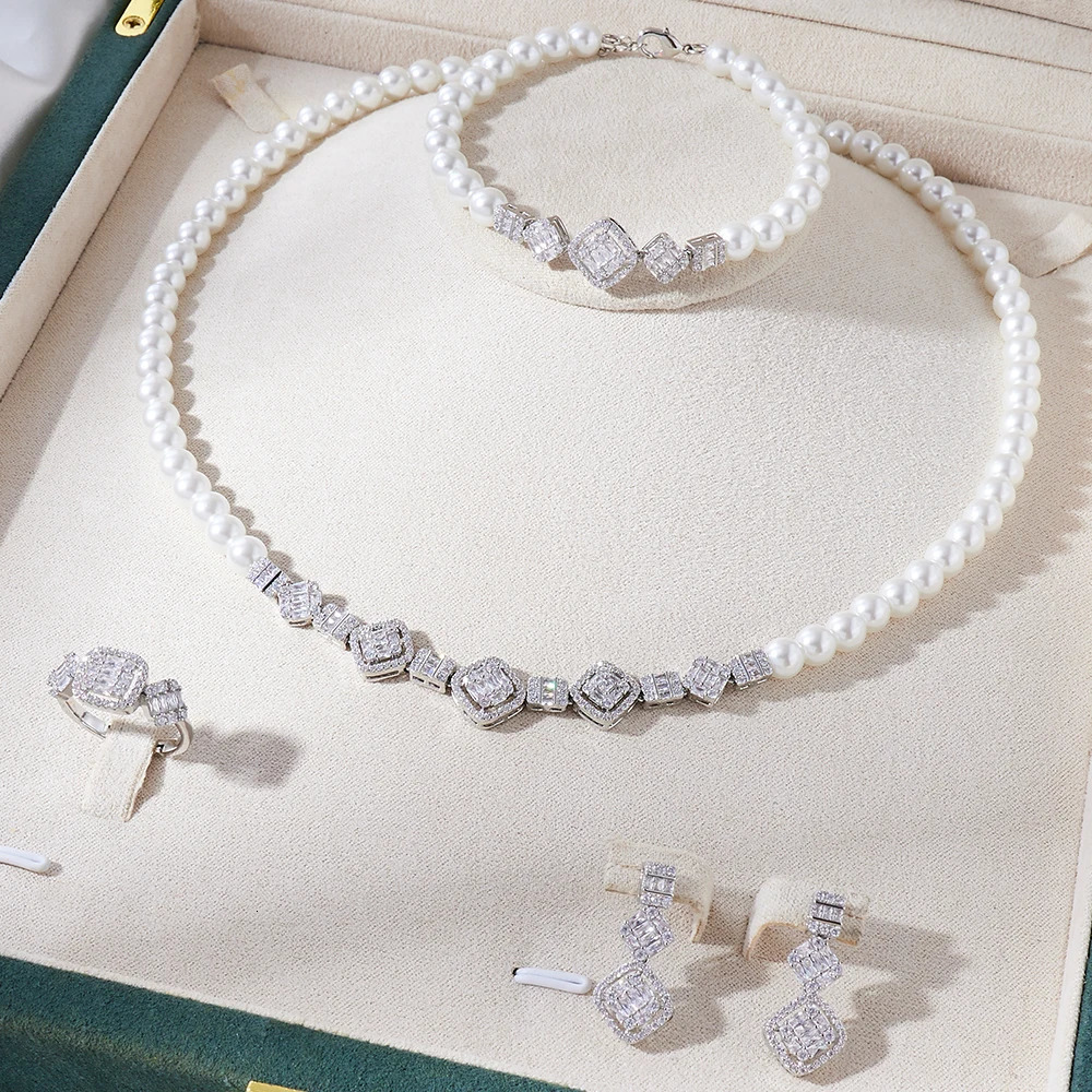 017835 Dubai Pearl Necklace Set Womens Cubic Zirconia Party Engagement Wedding Jewelry Set Dress Set Fashion Accessories 241031
