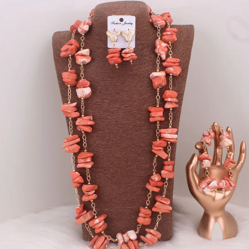 Dudo Orange Long n African Coral Beads Nigerian Womens Jewelry Set 241031