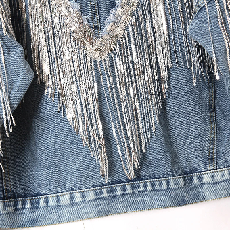 Autumn Heavy Work Fringed Sequins Retro-washed Denim Jacket Women Short Jeans Jackets Coat Students Woman Clothes 241031
