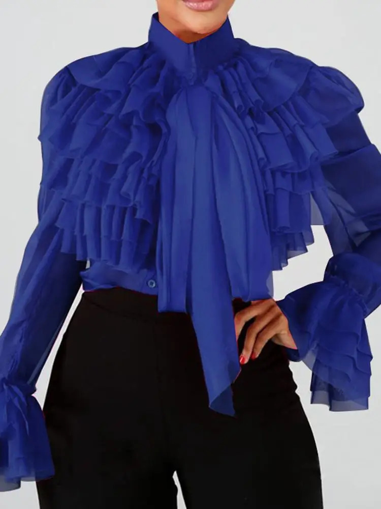 VONDA Women Tops Fashion Ruffled Blouses Stand Collar Tunic Autumn Loose Long Sleeve Button Elegant Party Blusas Femininas 240329